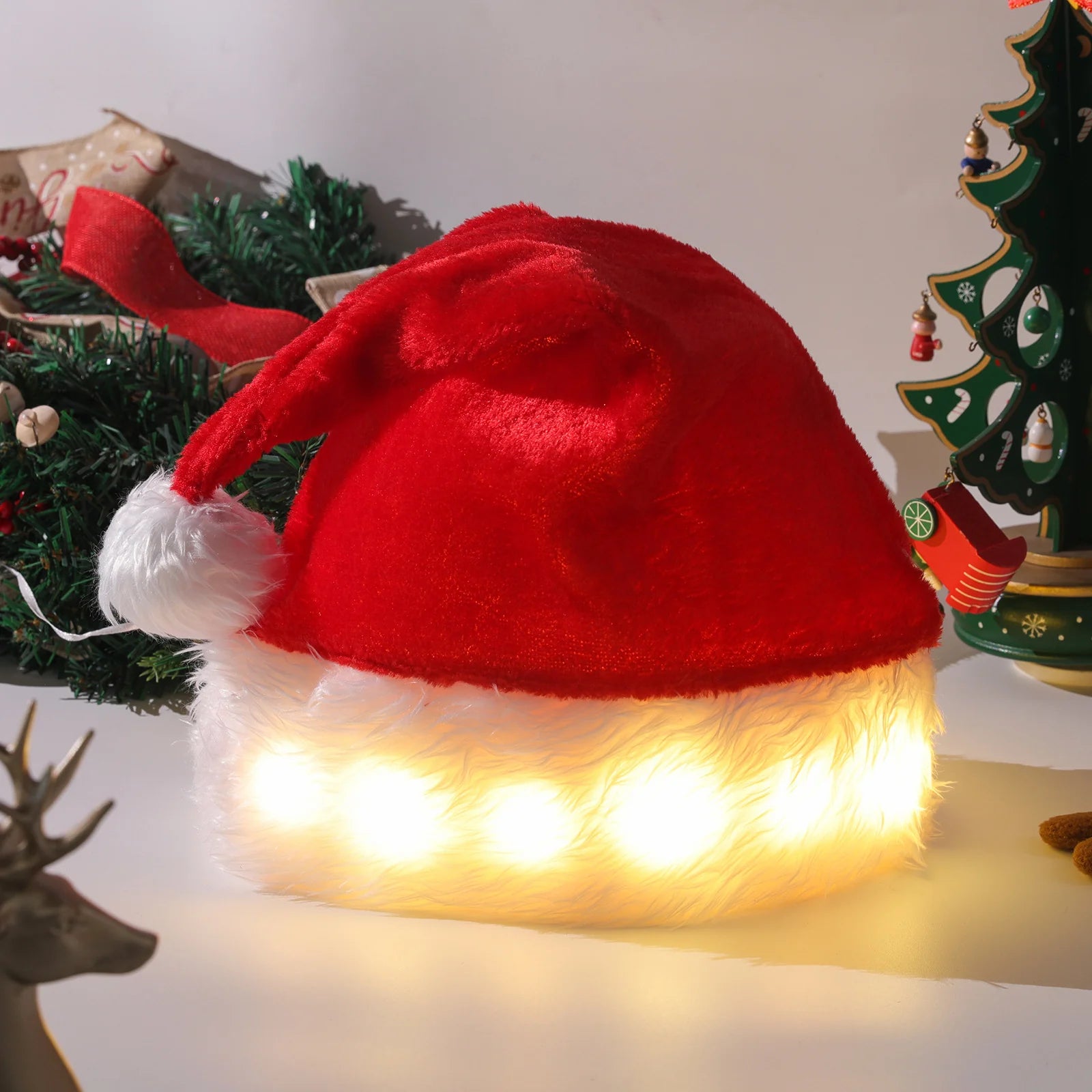 LED Christmas Hat - Plush Santa Hat with Luminous Lights for Kids & Adults